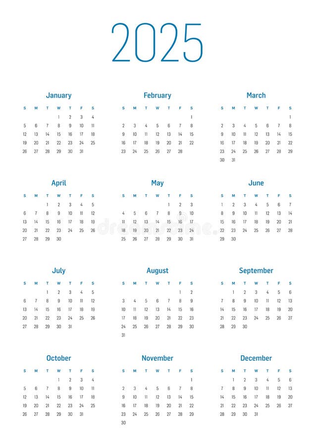 Kalender 2025 Jahr. Englisch Bunt Vektor Horizontal Wand Oder Tasche 