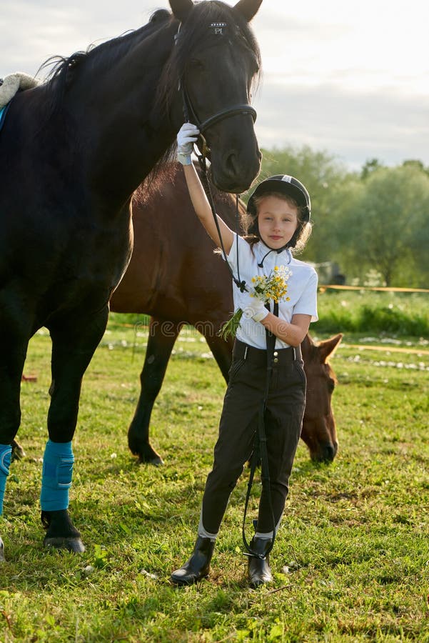 Foto de Cavalo De Frente Jóquei Menina Bonita Por Suas Rédeas Em Todo País  Em Equipamento Profissional e mais fotos de stock de Alazão - Cor de Cavalo  - iStock