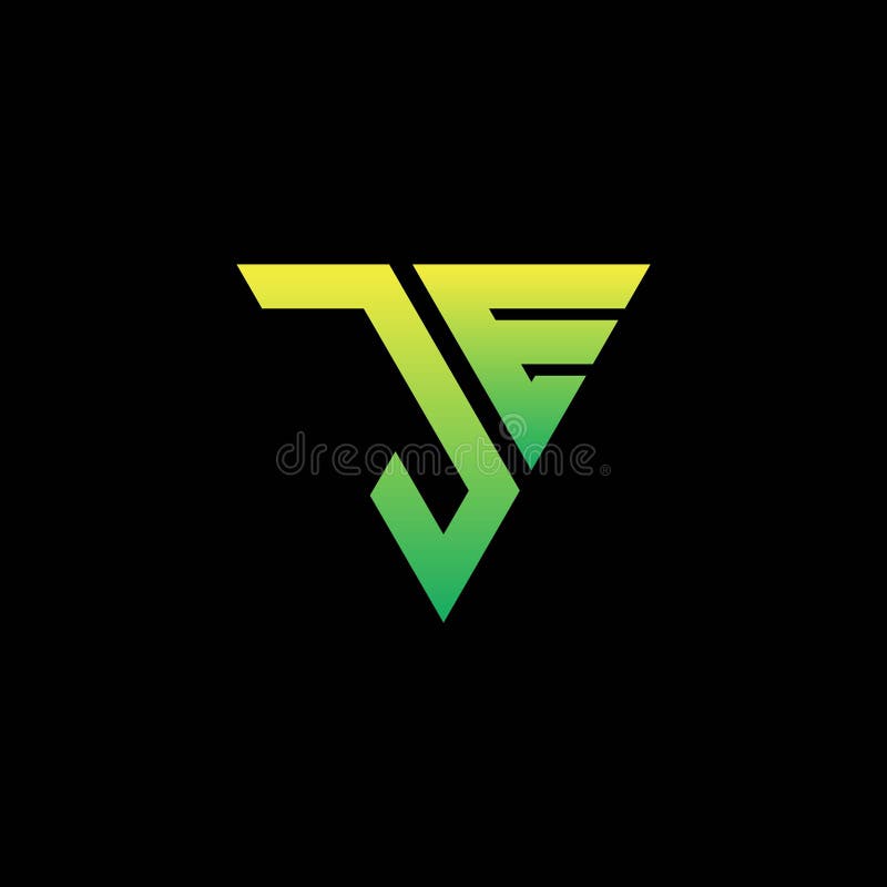 J e initial triangellogotyp monogram med triangelform. J och e monogram logotyp isolerade gröna trianglar på svart bakgrund