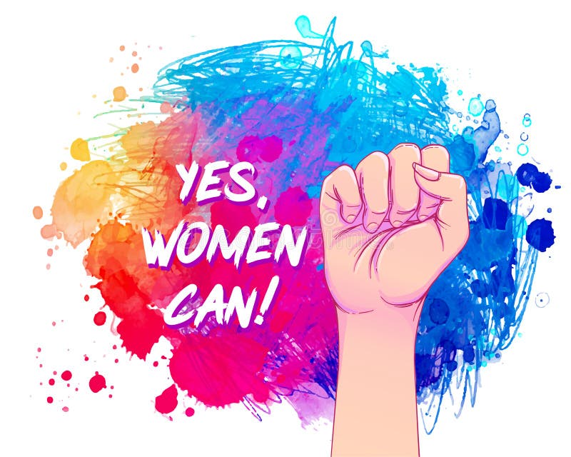 Ja, können Frauen Frauenhand mit ihrer Faust oben Sprache über Aquarell Mädchen-Energie Realistische Artvektorillustration lizenzfreie abbildung