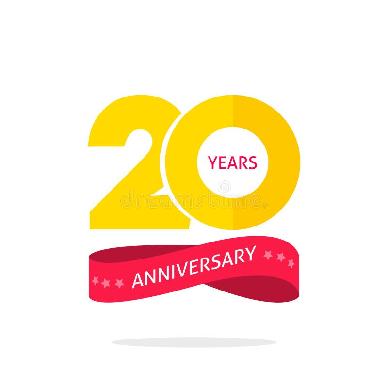 20 jaar van het verjaardagsembleem het malplaatje, het 20ste etiket van het verjaardagspictogram met lint