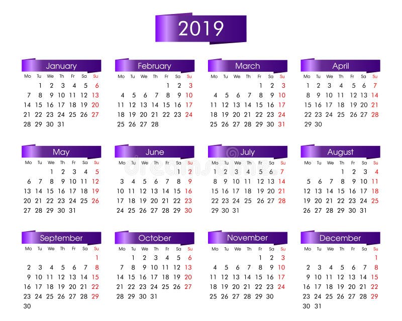 Jaarlijkse kalender voor het jaar van 2019 met het purpere viooltje