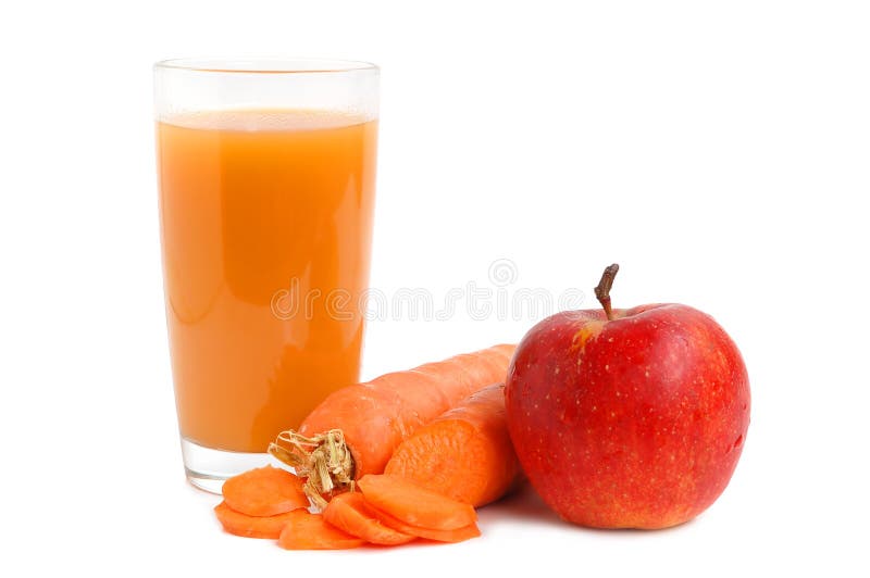 Apple and carrot juice in glass with fresh apples and carrots on white background. Apple and carrot juice in glass with fresh apples and carrots on white background