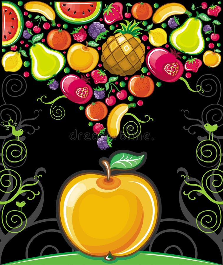 Different types of delicious fruits combined in a shape of fruit splash and big apple. On black background. Different types of delicious fruits combined in a shape of fruit splash and big apple. On black background.