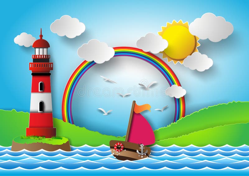 Jacht op overzees met zonbrasem en regenboog stock illustratie Jacht op overzees met zonbrasem en regenboog stock illustratie