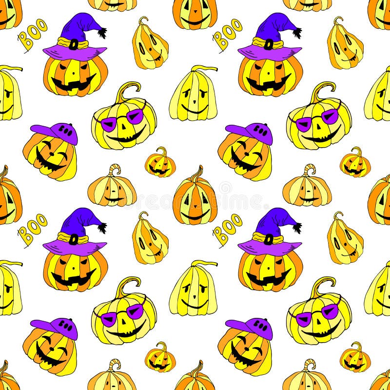 Jack Lantern in Wizard Hat Seamless Pattern. Vector Illustration for ...