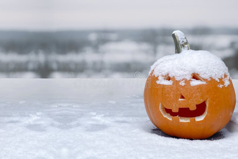 A Jack-o-lantern Carved Pumpkin during a Snow Fall during ...