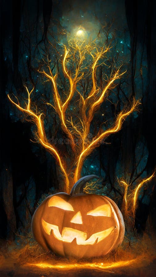 Jack O Lantern in Dark Forest. Spooky Pumpkins and Tree Background ...