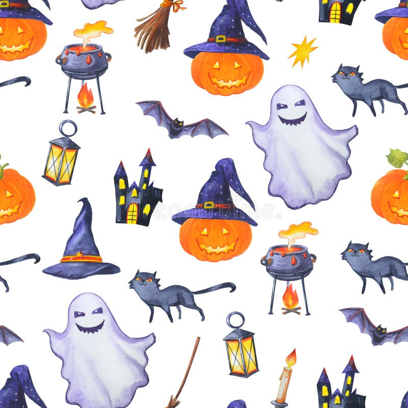 Jack O Lantern, un fantasma, un gatto nero e un pipistrello fotografia stock Jack O Lantern, un fantasma, un gatto nero e un pipistrello fotografia stock