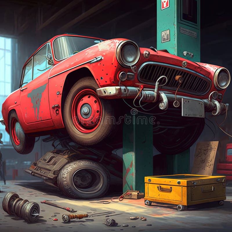 Jacking up an old, red car. Generative AI stock illustration