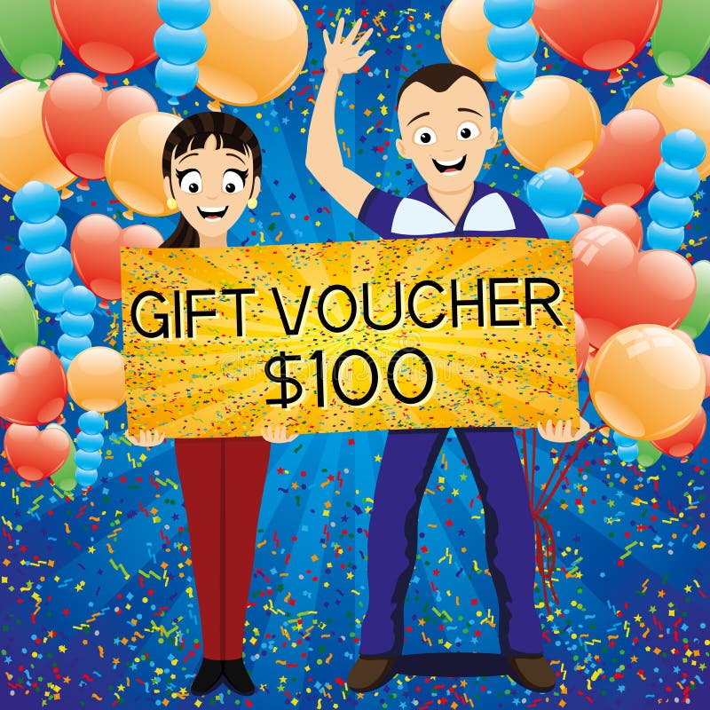 Happy couple with gift voucher in hands. vector illustration