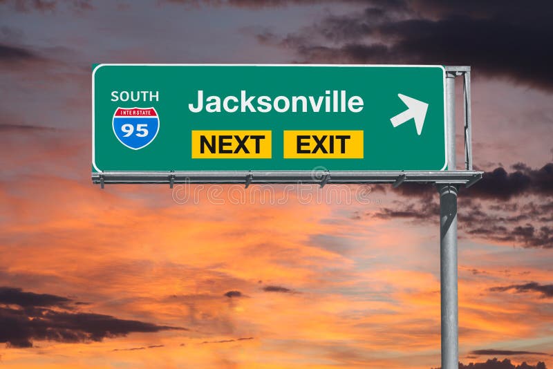Jacksonville Route 95 Freeway Next Exit Sign with Sunset Sky Stock
