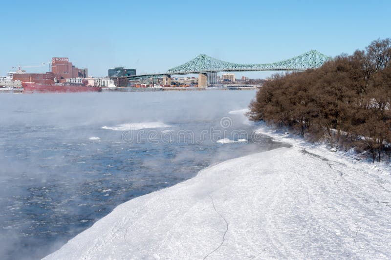 Jacques Cartier-brug en Parc Jean Drapeau in de winter stock fotografie