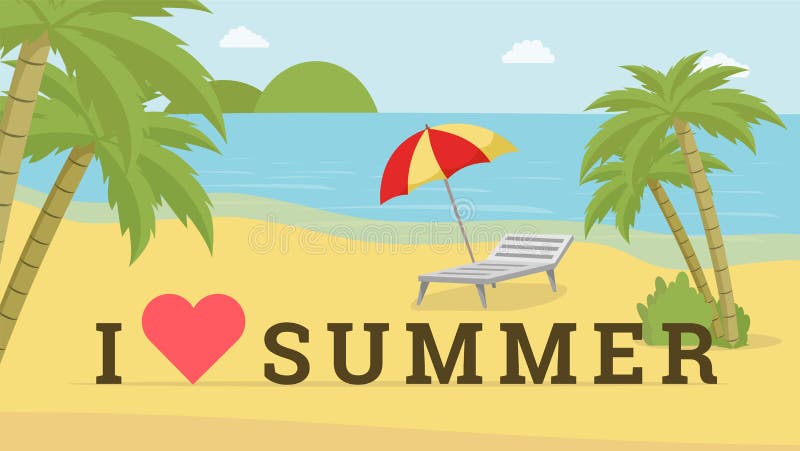Jag älskar sommarvektorvykortet Badort med solstol, orientering för affisch för strandparaply befordrings- Mannen och kvinnor p? vektor illustrationer Jag älskar sommarvektorvykortet Badort med solstol, orientering för affisch för strandparaply befordrings- Mannen och kvinnor p? vektor illustrationer