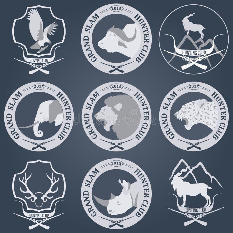 Jaga klubbaetikettcollecton Storslagna safarilogoer och baxar royaltyfri illustrationer Jaga klubbaetikettcollecton Storslagna safarilogoer och baxar royaltyfri illustrationer