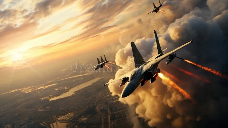 Jagdflugzeug bei einem schönen Sonnenuntergang am Himmel. Neuronale Netzai generiert stockfotos