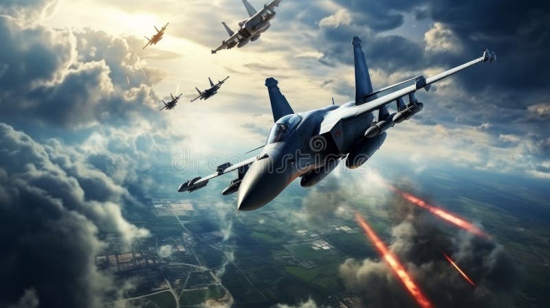Jagdflugzeug bei einem schönen Sonnenuntergang am Himmel. Neuronale Netzai generiert stockfotografie