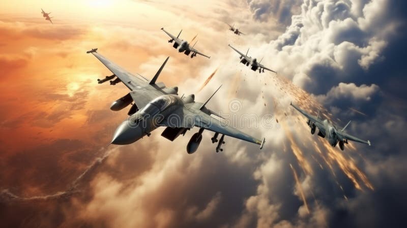 Jagdflugzeug bei einem schönen Sonnenuntergang am Himmel. Neuronale Netzai generiert lizenzfreie stockfotografie