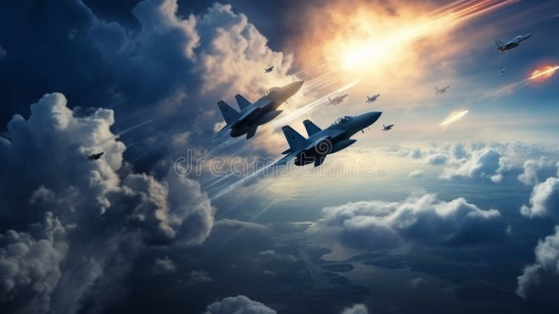 Jagdflugzeug bei einem schönen Sonnenuntergang am Himmel. Neuronale Netzai generiert lizenzfreie stockfotos