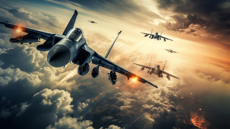 Jagdflugzeug bei einem schönen Sonnenuntergang am Himmel. Neuronale Netzai generiert stockbilder