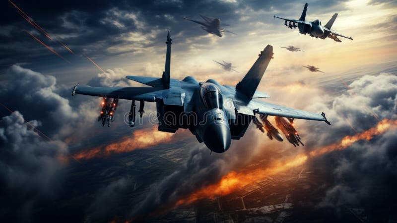 Jagdflugzeug bei einem schönen Sonnenuntergang am Himmel. Neuronale Netzai generiert lizenzfreies stockfoto