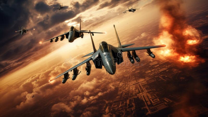 Jagdflugzeug bei einem schönen Sonnenuntergang am Himmel. Neuronale Netzai generiert stockbilder
