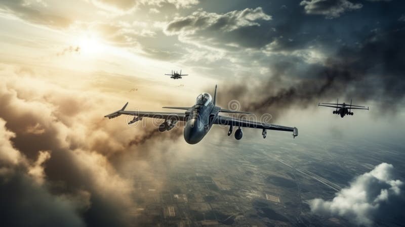 Jagdflugzeug bei einem schönen Sonnenuntergang am Himmel. Neuronale Netzai generiert stockbilder
