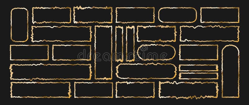Jagged Rectangle shapes. Set of outline golden grunge geometric frames. Ripped and cutout paper torn strip. Vector stock illustration