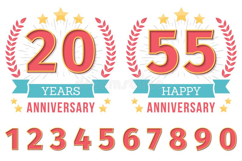 Anniversary emblem with ribbon, stars and laurel wreath, create your anniversary emblems, set of numbers included. Anniversary emblem with ribbon, stars and laurel wreath, create your anniversary emblems, set of numbers included