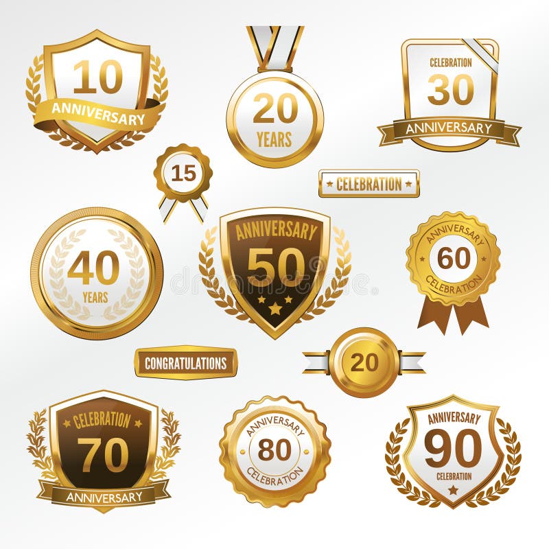 Anniversary celebration golden labels and badges set vector illustration. Anniversary celebration golden labels and badges set vector illustration.