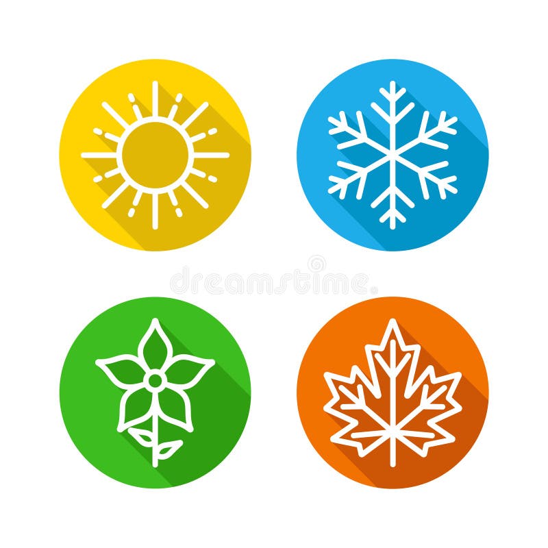 Jahreszeiten stellten bunte Ikonen - die Jahreszeiten - Sommer, Winter, Frühling und Herbst - Wettervorhersagezeichen ein lizenzfreie abbildung