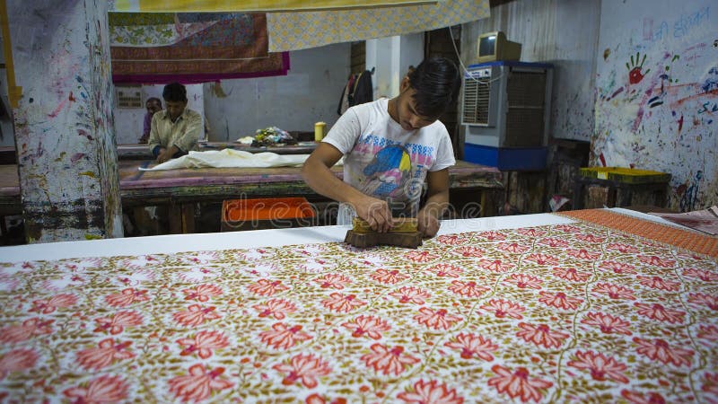 JAIPUR, Rajasthan, India â€“ DEC, 2016: Block Printing for Textile in India. Block Printing Traditional Process on Dec stock photography