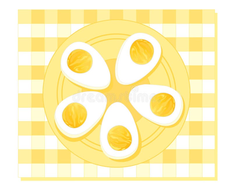 An illustration of a plate of hard boiled eggs cut in half on a fancy plate with yellow gingham background. An illustration of a plate of hard boiled eggs cut in half on a fancy plate with yellow gingham background
