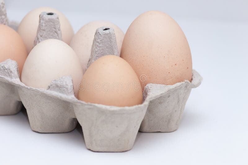 Jajka w kartonie duży wśród innych małych jajek Na białym tle zdjęcia stock Jajka w kartonie duży wśród innych małych jajek Na białym tle zdjęcia stock