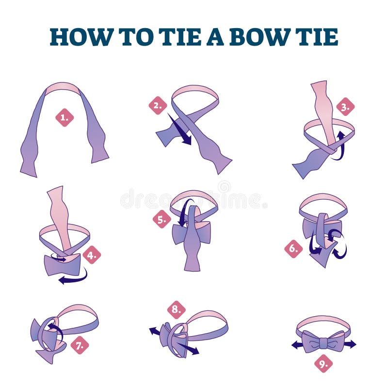 How to tie a bow tie explanation steps, illustrated vector scheme. Gentleman style fashion knowledge. Numbered cheat sheet diagram with knot example. How to tie a bow tie explanation steps, illustrated vector scheme. Gentleman style fashion knowledge. Numbered cheat sheet diagram with knot example.