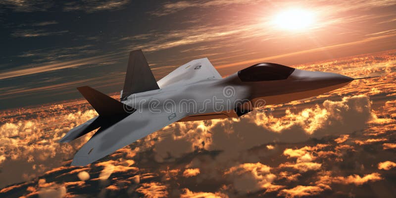 Jaktflygplan F-22 på solnedgången