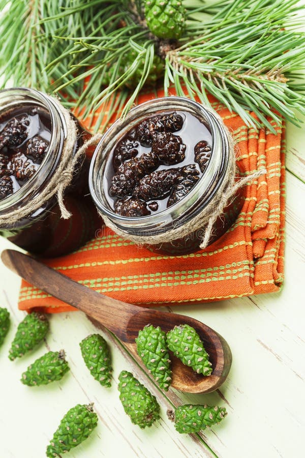 Jam of pine cones stock image. Image of spoon, dessert 19821603