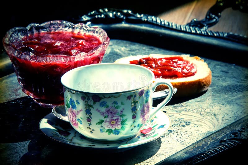 With Jam Plum Green Tea on an Old Silver Tray Stock Photo Image of