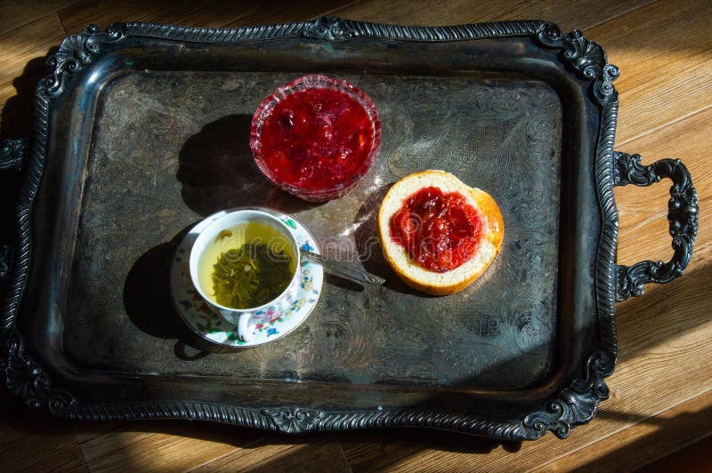 With Jam Plum Green Tea on an Old Silver Tray Stock Photo Image of