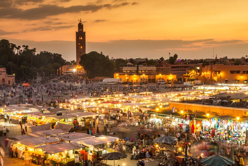 Jamaa el Fna market square in sunset, Marrakesh, Morocco, north Africa.