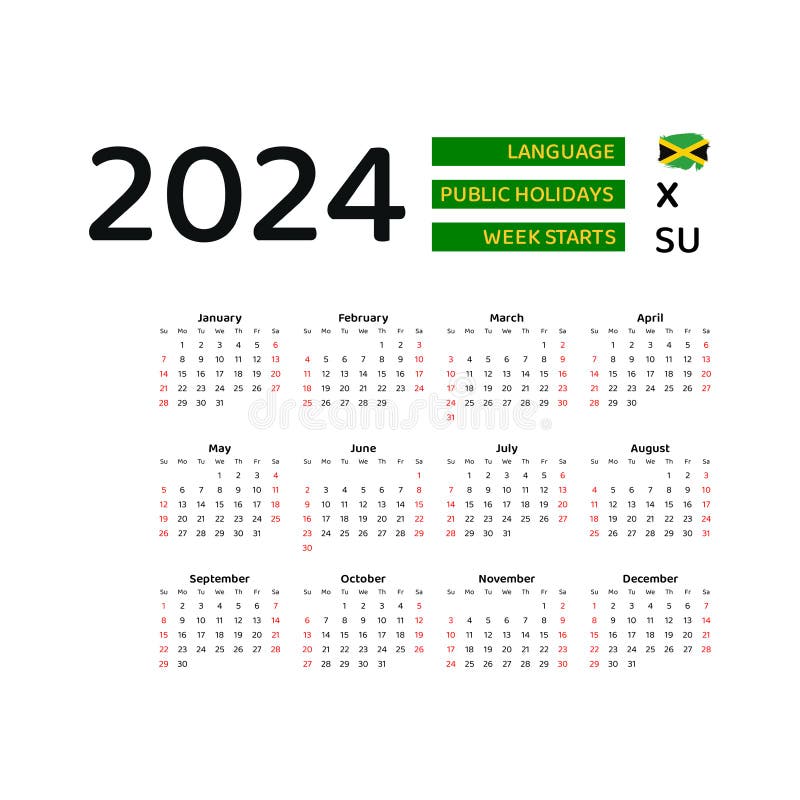 Jamaica Calendar 2024. Week Starts from Sunday. Vector Graphic Design