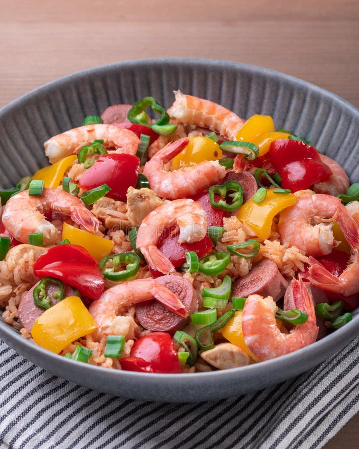 Jambalaya Rice with Chicken, Shrimp, Sausage and Vegetables in Plate on