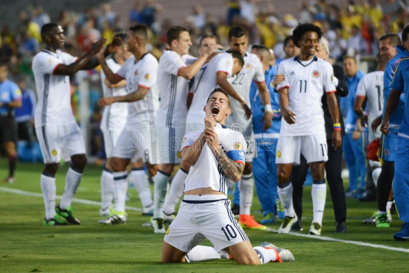 Pasadena, USA - June 07, 2016: James Rodriguez celebrates a goal scored during Copa America Centenario match Colombia vs Paraguay at the Rose Bowl Stadium.