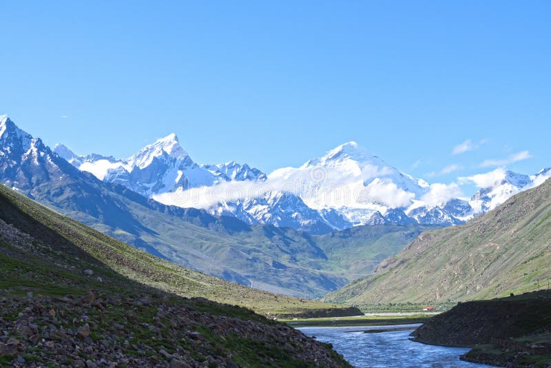 Jammu-Kashmir landscape with snow peaks,green valley and blue cloudy sky in background in India