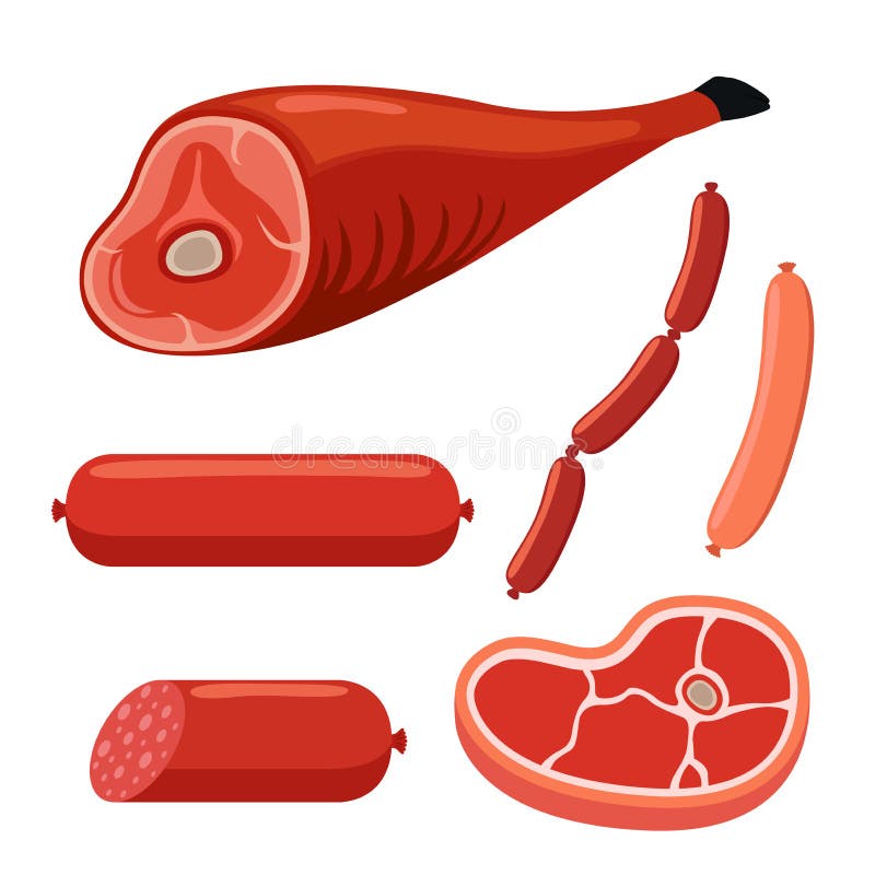 Jamon spansk skinka, griskött, korv, biff, bacon, grillfest Plan stil stock illustrationer Jamon spansk skinka, griskött, korv, biff, bacon, grillfest Plan stil stock illustrationer
