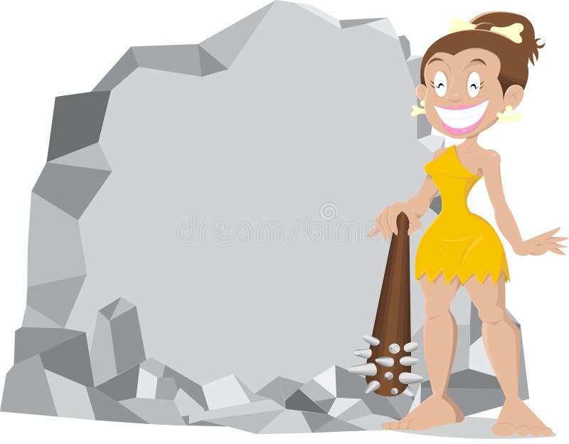 Cheerful prehistoric woman holding a club. Cheerful prehistoric woman holding a club