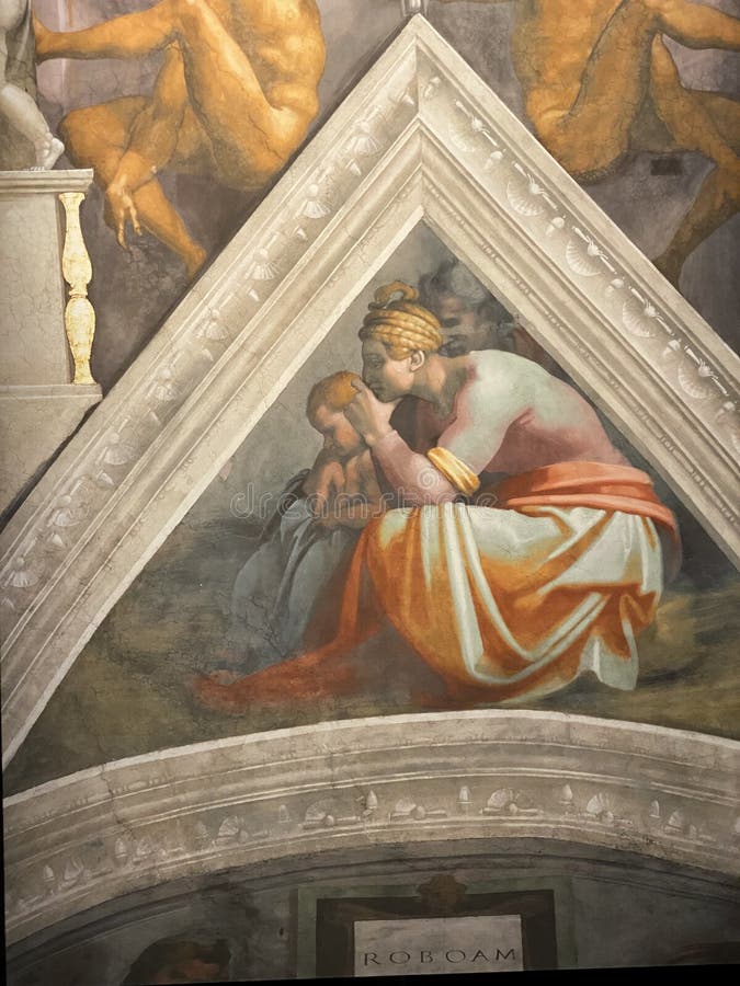 Jan 18, 2022, AUCKLAND, NEW ZEALAND: Close-up photo of Ancestors Of Christ-Solomon The Father Of Rehoboam ceiling fresco painting by Michelangelo in the Sistine Chapel during the Michelangelo exhibition