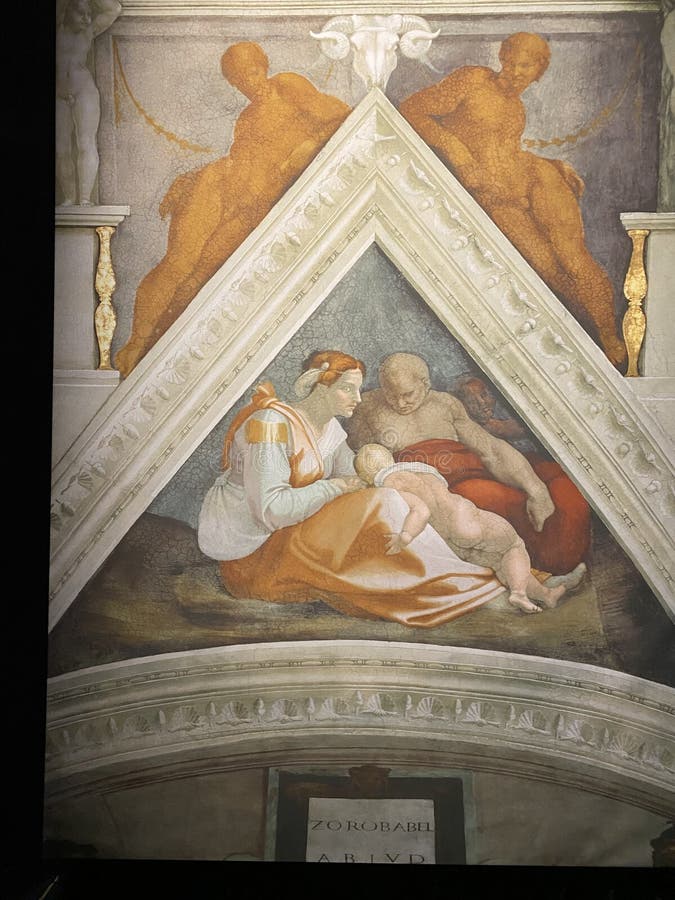 Jan 18, 2022, AUCKLAND, NEW ZEALAND: Close-up photo of Ancestors Of Christ-Zorobabel, Abiud and Eliakim ceiling fresco painting by Michelangelo in the Sistine Chapel during the Michelangelo exhibition. Jan 18, 2022, AUCKLAND, NEW ZEALAND: Close-up photo of Ancestors Of Christ-Zorobabel, Abiud and Eliakim ceiling fresco painting by Michelangelo in the Sistine Chapel during the Michelangelo exhibition