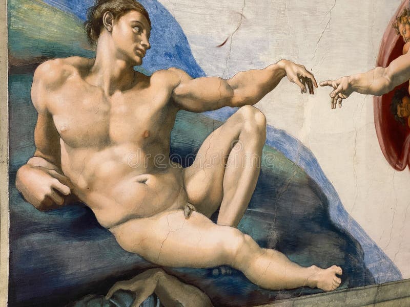 Jan 18, 2022, AUCKLAND, NEW ZEALAND: Close-up photo of the Creation of Adam from the Book of Genesis ceiling fresco painting by Michelangelo in the Sistine Chapel during the Michelangelo exhibition. Jan 18, 2022, AUCKLAND, NEW ZEALAND: Close-up photo of the Creation of Adam from the Book of Genesis ceiling fresco painting by Michelangelo in the Sistine Chapel during the Michelangelo exhibition