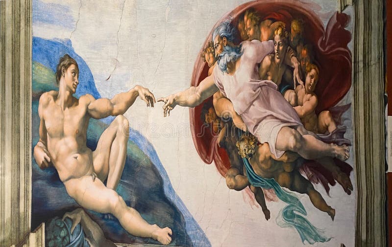 Jan 18, 2022, AUCKLAND, NEW ZEALAND: Close-up photo of The Creation of Adam ceiling fresco painting by Michelangelo in the Sistine Chapel during the Michelangelo exhibition in Auckland, New Zealand